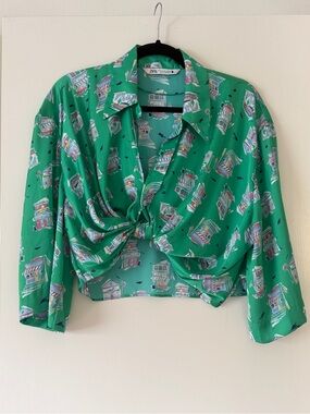 Zara Green Printed Knot-Front Blouse Crop